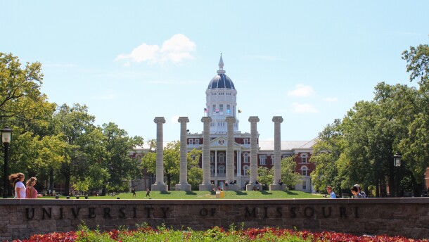 The six independently standing columns in front of Jesse Hall serve as a major landmark at the University of Missouri. Credit: Sara Shahriari / KBIA