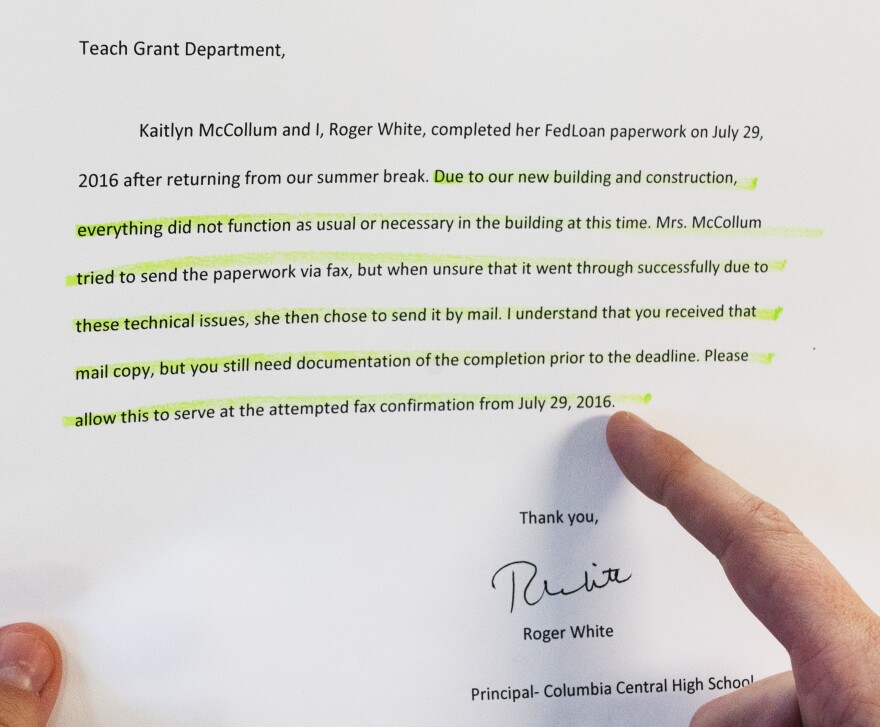 McCollum sent FedLoan a signed letter from her school principal confirming that they had completed her TEACH grant's annual certification paperwork ahead of the deadline and that McCollum had tried to fax the paperwork from the school office