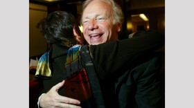 WASHINGTON - APRIL 10: U.S. Senator Joseph Lieberman (D-CT) receives a hug from Rep. Rosa DeLauro (D-CT) prior to a news conference April 10, 2003 in Washington, DC. Eleven Democratic House of Representatives members held the news conference to endorse Lieberman as the Democratic Presidential candidate for 2004. (Photo by Alex Wong/Getty Images)