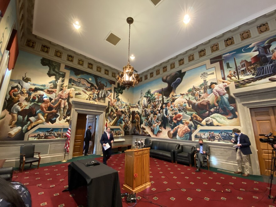 House Speaker Elijah Haahr, R-Springfield, walks into his press availability after the end of the 2020 legislative session.