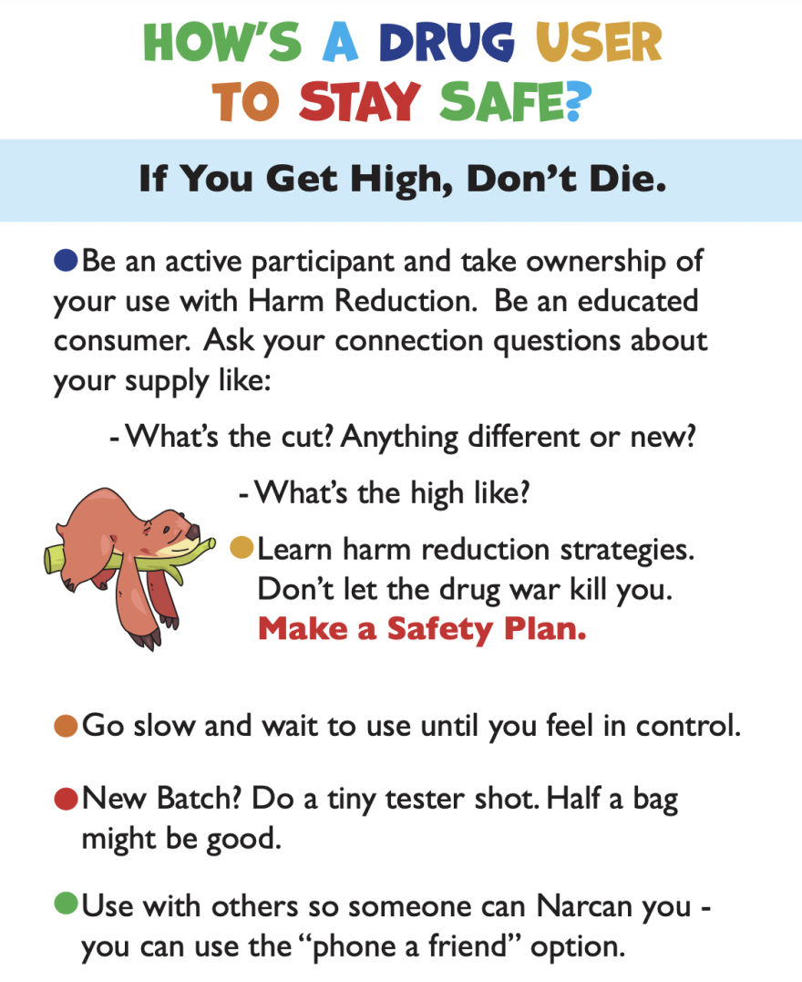 This excerpt of a flier on xylazine offers tips for drug users on how to stay safe, including: "Go slow and wait to use until you feel in control," and "Use with others so someone can Narcan you - you can use the 'phone a friend' option."