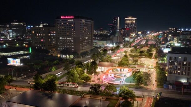 A rendering of a deck installed over Interstate 35 between Fourth and Seventh Streets. This highway park would have live music venues and feed off the nightlife buzz of Sixth Street and the Red River area.