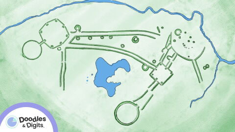 An aerial illustration of the Great Circle Earthworks and Octagon Earthworks, which make up part of the Hopewell Ceremonial Earthworks. The episode will air on September 22.