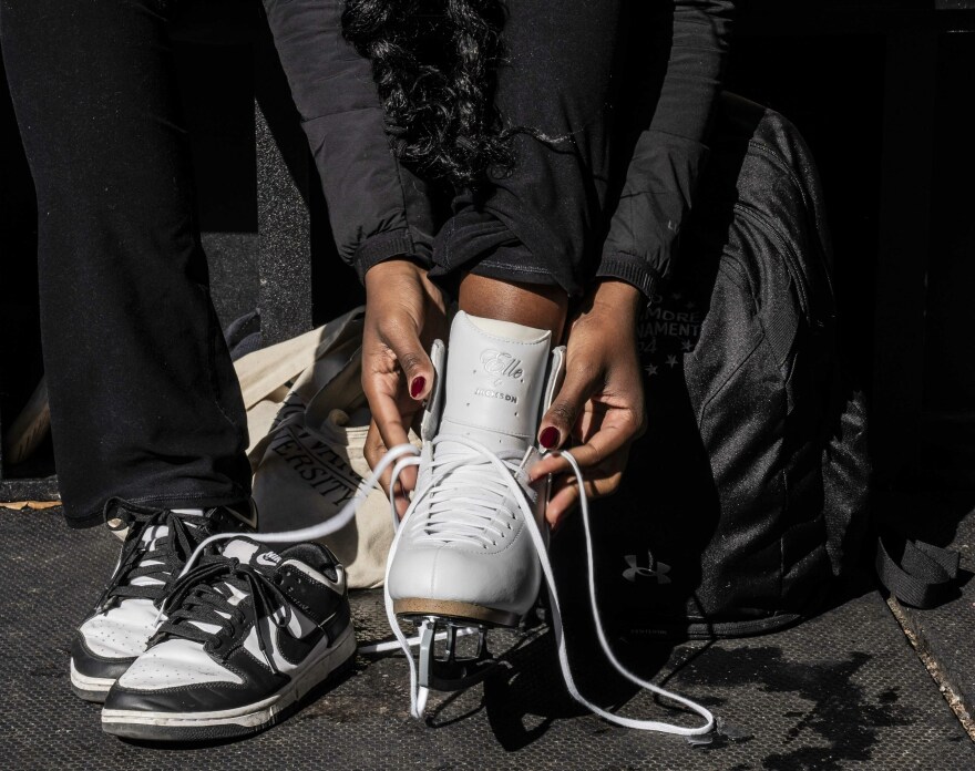 Toni Smith of Howard University's figure skating team prepares to practice at Canal Park Ice Rink in Washington, D.C.