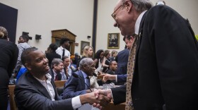 Writer Ta-Nehisi Coates shakes hands with House Subcommittee Chairman Steve Cohen, D-Tenn., during a hearing on slavery reparations held by the House Judiciary Subcommittee on the Constitution, Civil Rights and Civil Liberties on June 19, 2019 in Washington, D.C. (Zach Gibson/Getty Images)