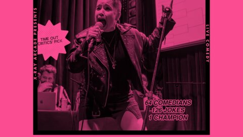 Poster for "One-Liner Madness," coming to X-Ray Arcade on Jan. 31. Poster features a comedian performing and judges laughing in the background.