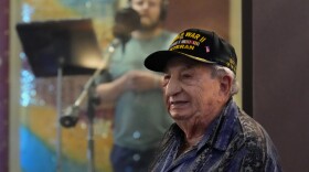 Irving Locker, a 101-year-old veteran of World War II, D-Day and the Battle of the Bulge, listens as Jesse Wayne Taylor, left, records a song based on Locker's military experience on Wednesday, Sept. 9, 2025, in Nashville, Tenn. (AP Photo/Mark Humphrey)