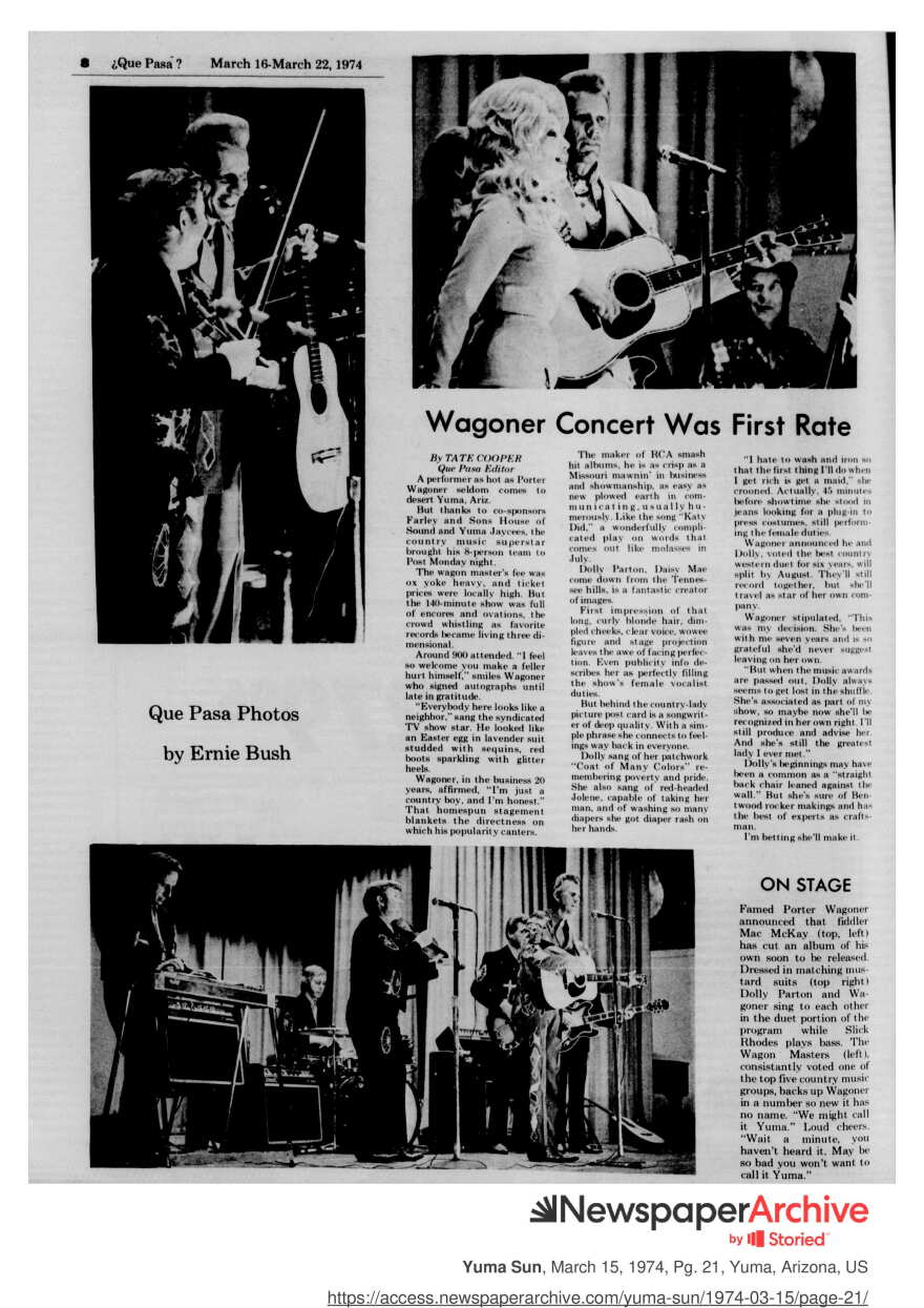 Dolly Parton next to Porter Wagoner at the Post Auditorium in 1974