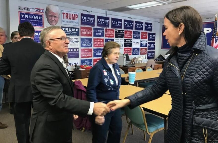 State Sen. John DeFrancisco (R-Syracuse), left, at an event Sunday at Onondaga County Republican headquarters in Syracuse. ELLEN ABBOTT / WRVO NEWS
