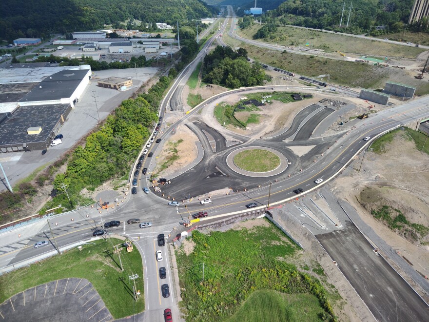 An aerial view of the Brighton Ave. roundabout taken Sept. 6, 2024.
