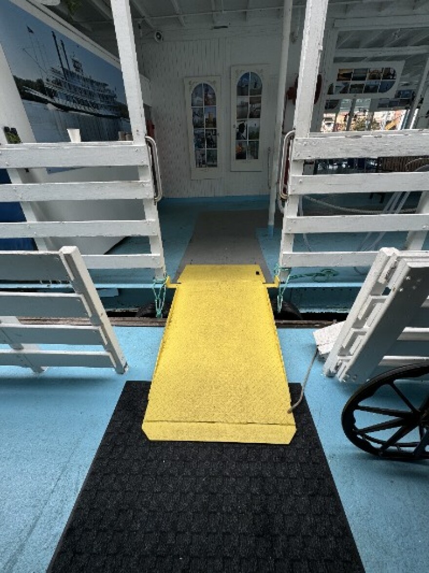 Wheel the World shows a ramp leading to the entrance of the Twilight Riverboat in LeClaire.