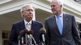 Senate Majority Leader Mitch McConnell of Ky., left, and Senate Majority Whip Sen. John Cornyn, R-Texas, speak with the media after they and other Senate Republicans had a meeting with President Trump at the White House, Tuesday, June 27, 2017, in Washington. (Alex Brandon/AP)