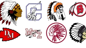 Dozens of Illinois schools could be forced to change mascots that feature Native American imagery or names because of a bill awaiting action in the Senate. From left to right, top to bottom: Logos for the Stockton Blackhawks, Calumet Indians, Altamont Indians, Bremen Braves, Deer Creek Chiefs, Mt. Zion Braves, Annawan Braves, Marengo Indians.