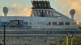 Ovation of the Seas, a cruise ship operated by Royal Caribbean Cruises, at Honolulu Harbor. (June 10, 2026)