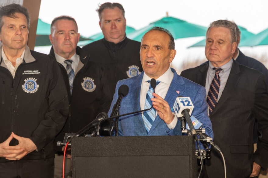 LONG BRANCH, NJ – Monmouth County Commissioner Director Thomas A. Arnone, Congressman Chris Smith (right) and Assemblyman Gerry Scharfenberger (left) spoke about the need for state and federal investigations into the deaths of marine mammals along the New Jersey coastline. Photo by Monmouth County Government.