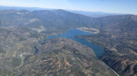 A lake among mountains.