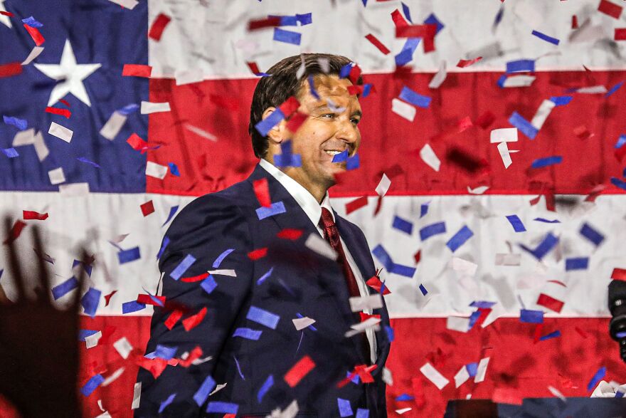 The night he won reelection, Republican Gov. Ron DeSantis walks onstage during an election night watch party at the Convention Center in Tampa, Fla., on Nov. 8.