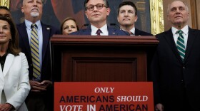 House Speaker Mike Johnson, R-La., joined by Republican leadership and supporters, speaks to reporters on the SAVE America Act on Capitol Hill in Washington, Wednesday, Feb. 11, 2026, in Washington. (AP Photo/Tom Brenner)
