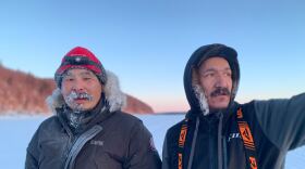 John Snyder (left) and Kelly Kelenbach (right) on the Kuskokwim River on Saturday, Jan. 27, 2024.