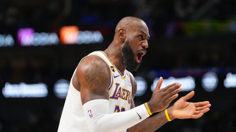 Los Angeles Lakers forward LeBron James reacts during the second half of an NBA basketball game against the Dallas Mavericks Saturday, Jan. 24, 2026, in Dallas. 