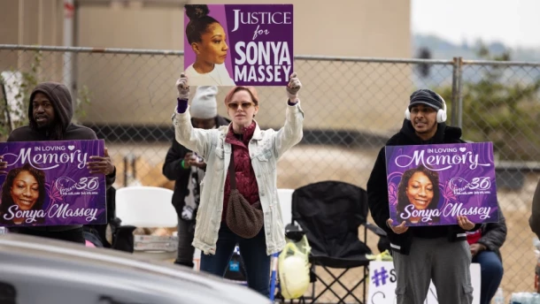 Supporters gather outside the Peoria County Courthouse Tuesday while jurors deliberate the first-degree murder charges against ex-cop Sean Grayson in the 2024 killing of Sonya Massey.