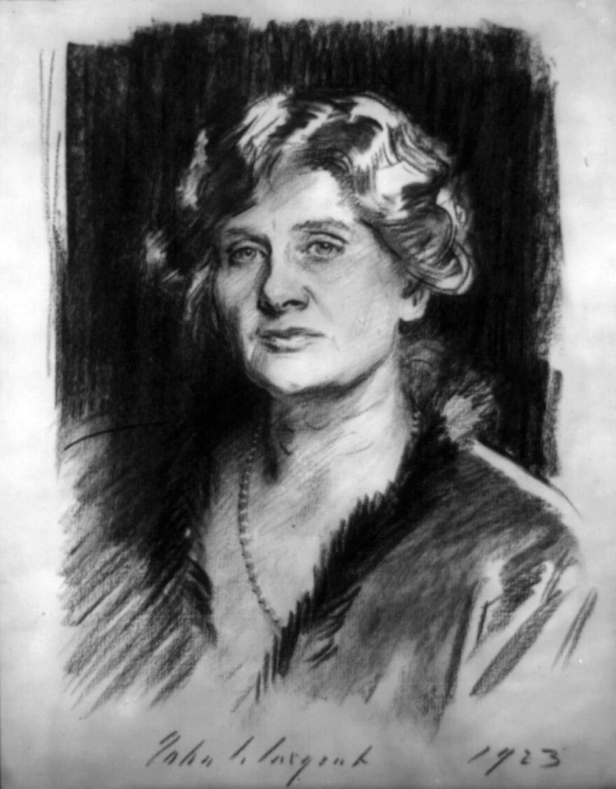 Charcoal portrait of Elizabeth Sprague Coolidge gazing stoically ahead