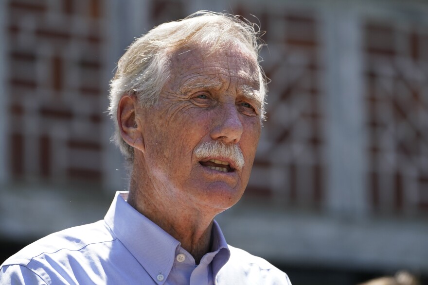 Sen. Angus King, I-Maine, speaks at Acadia National Park, Friday, June 18, 2021, in Winter Harbor, Maine.