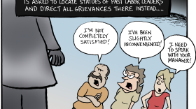 illustration of 3 people making complaints about work to labor statues