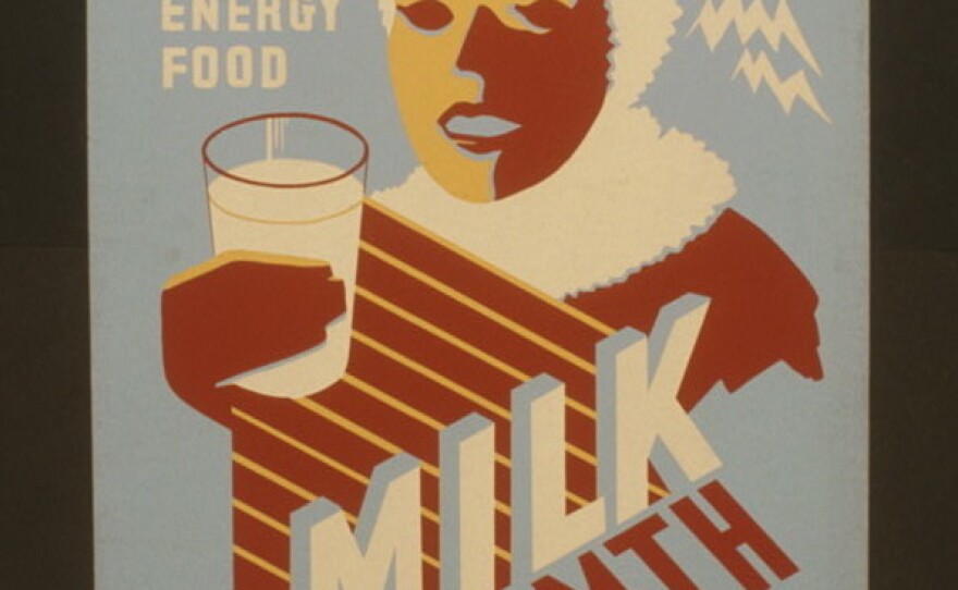 This 1940s poster from public health agencies promotes drinking cow's milk for "food" and "energy."