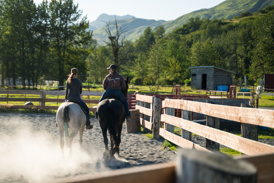 Naamah North (left) rides next to her mom Emily North (right) during a drill team practice on Sep. 2. Many of the team members are mother and daughter, or sisters.