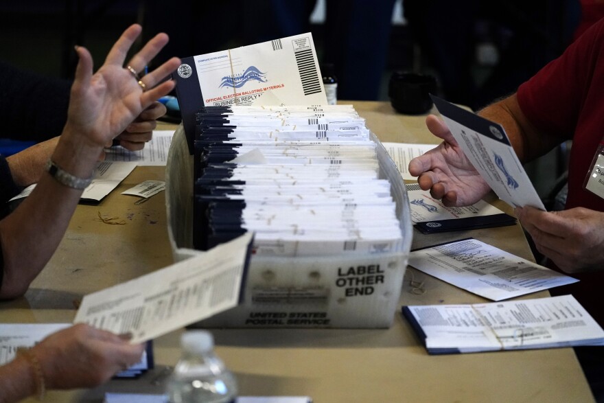 In this Nov. 4, 2020, file photo, Chester County election workers process mail-in and absentee ballots for the 2020 general election in the United States at West Chester University in West Chester, Pa.