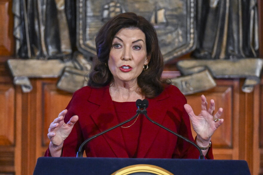 FILE - New York Gov. Kathy Hochul speaks at the state Capitol, Feb. 1, 2023, in Albany, N.Y.