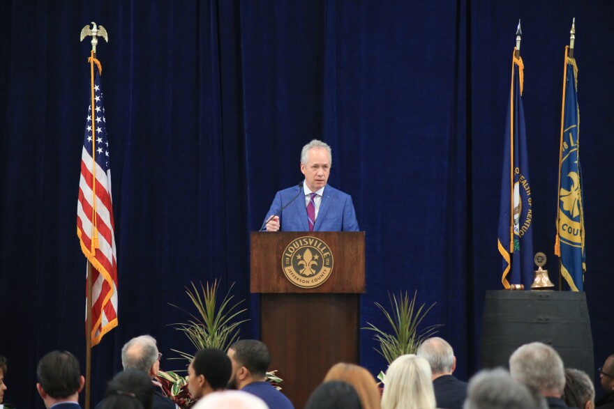 Mayor Greg Fischer gives his 10th State of the City Address at the new YMCA in the West End of Louisville on Feb. 6, 2020.