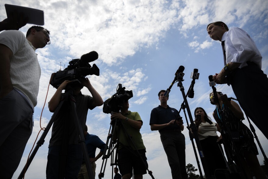 The day after the assassination attempt of former president Donald Trump, U.S. Senator Richard Blumenthal (D-CT) talks with members of the press in Hartford, July 15, 2024.