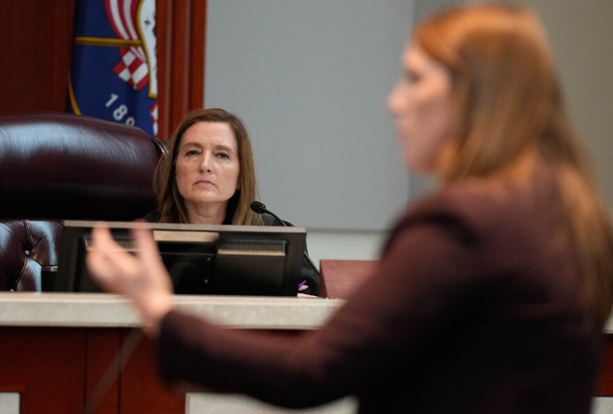 Utah Supreme Court Justice Jill M. Pohlman listens to oral arguments involving Utah’s abortion trigger law before the Utah Supreme Court in Salt Lake City, Tuesday, Aug. 8, 2023.