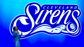 Cleveland Sirens President of Business Operations Allison Howard introduces the name of Cleveland’s WNBA franchise during an event at Rocket Arena, Tuesday, Aug. 4, 2026, in Cleveland. 