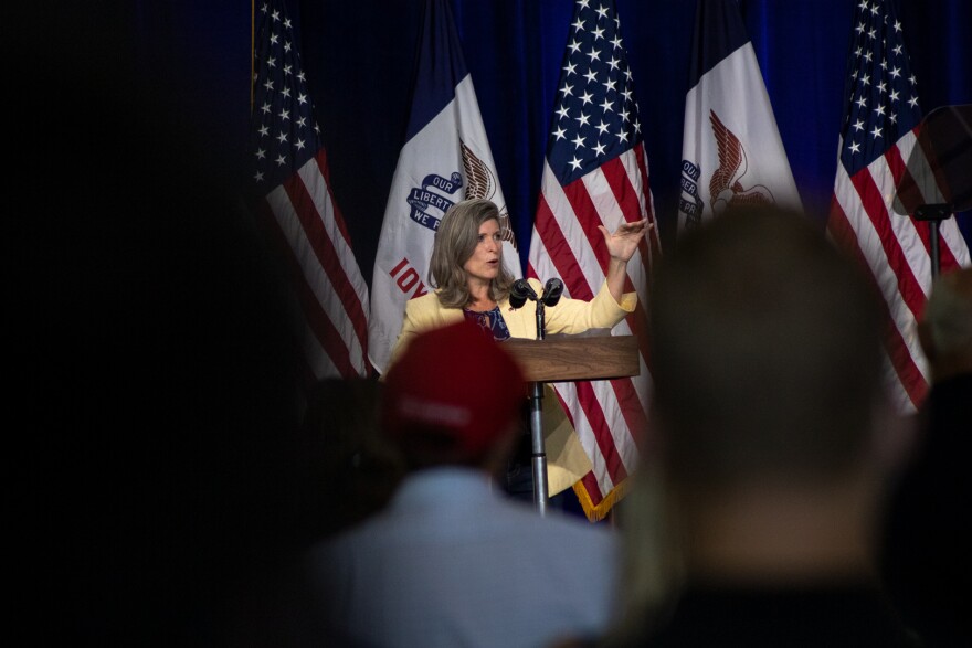 Sen. Joni Ernst, R-IA, speaking before Vice President Mike Pence takes the stage on the Iowa State Fairgrounds. 8/13/2020