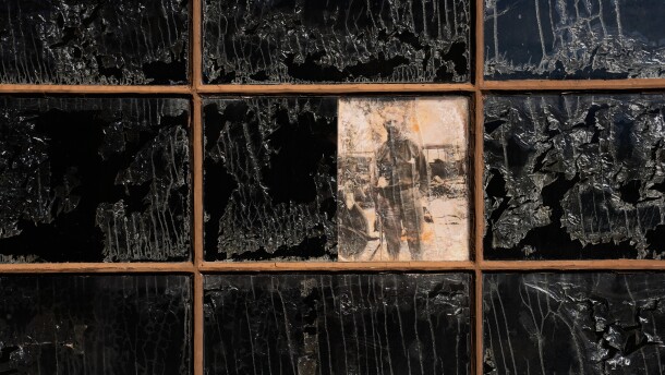 A picture of Albert Johnson is on display in a window at Scotty's Castle, Friday, Jan. 23, 2026, in Death Valley National Park, Calif. (AP Photo/John Locher)