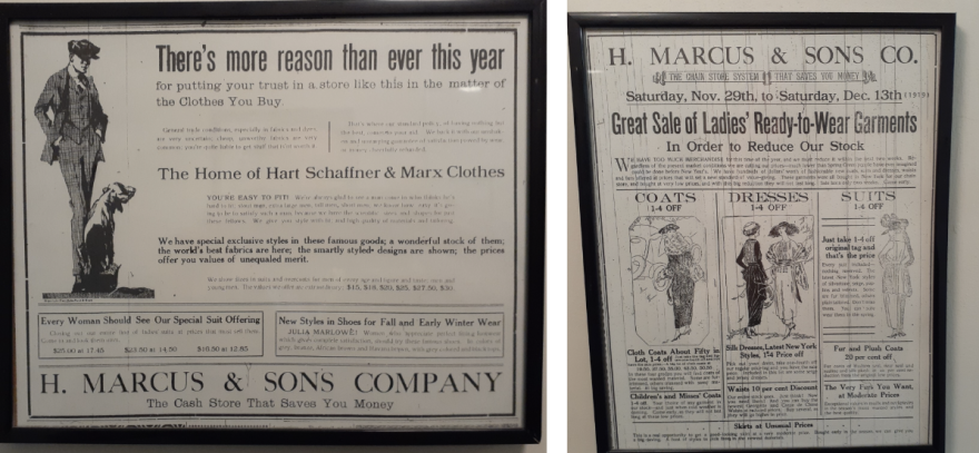 Old advertisements that are on display in the dressing rooms.