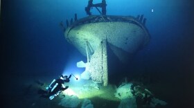 The stern of the Lac La Belle showing one of her propellers missing.
