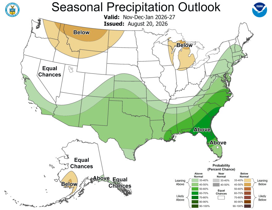 A forecast map from the National Oceanic and Atmospheric Administration illustrates how Utah gets stuck in the middle when it comes to the early winter precipitation outlook.