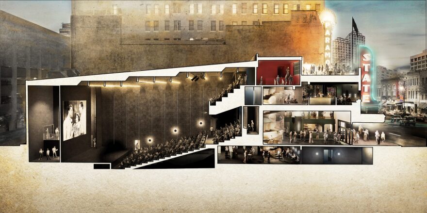 A cross-sectional rendering of the State Theatre with rooftop deck and speakeasy in the basement. The seats in the theater can be retracted to have more of a "club look" with high-top tables.