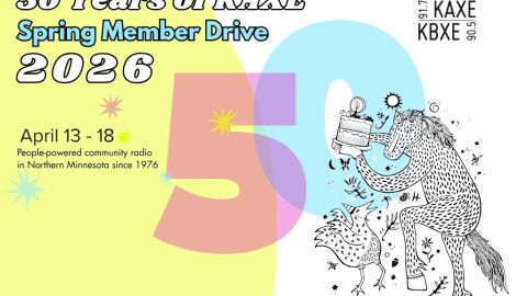 Artistic yellow, pink, light blue and black/white graphic for KAXE Spring Member Drive with the number 50 behind a horse and chicken celebrating with a cake.