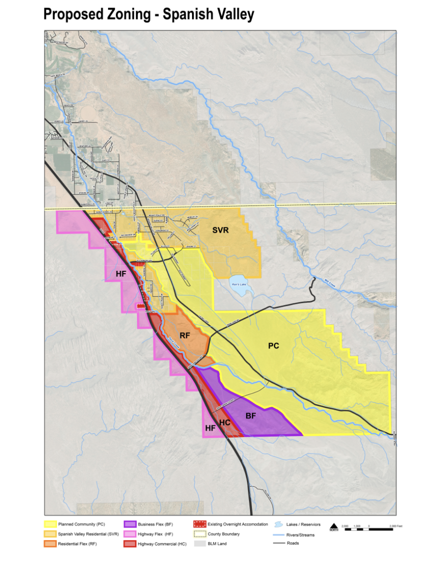 A color-coded map shows different zones in Spanish Valley. 