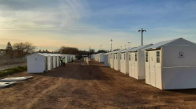 A row of pallet shelters in Chico, Calif.