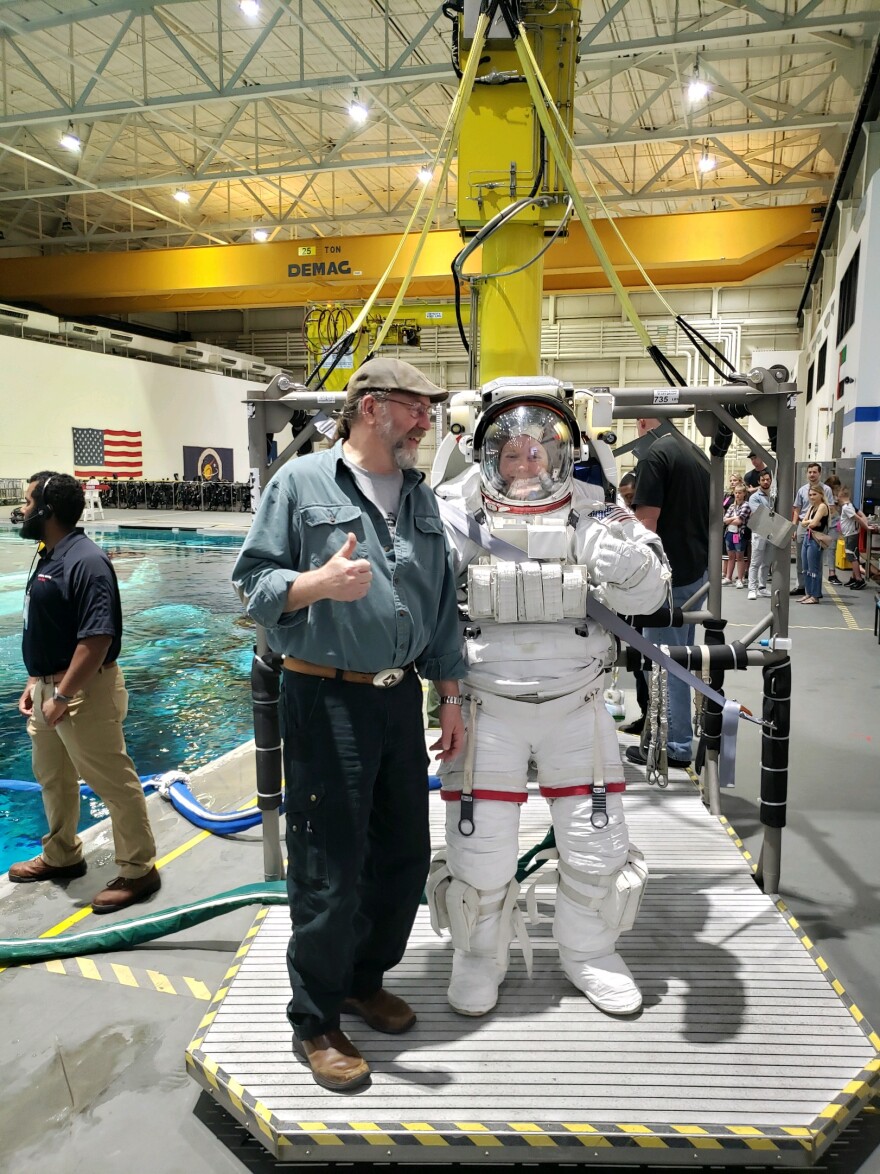 Steve and Dr. Tess Caswell stand in NASA's Neutral Buoyancy Laboratory in Houston, Texas.