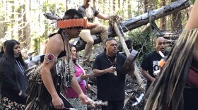Coyote Valley Pomo Tribal Chairman Michael Hunter dances with traditional Pomo drummers and singers in a clearcut in Jackson Demonstration State Forest, his people's ancestral homeland.