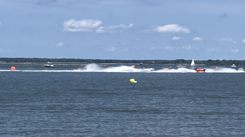Jersey speed skiffs racing on the water at Gerry Boyle park for the 10th annual Thunder on the Choptank.