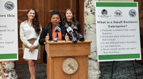 Erie County Legislator Taisha St. Jean Tard, center, describes the impact of the county's Small Business Enterprise Utilization Act. The legislation prioritizes county contracts with Erie County small businesses.
