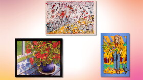 A painting of red flowers in a purple pot in the bottom left, a painting of red, white, yellow and blue colors in the top middle, and a bright yellow and blue painting of a woman holding flowers on the right. 